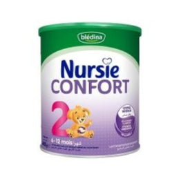 Nursie Confort baby formula canister with green lid and white body on a white background