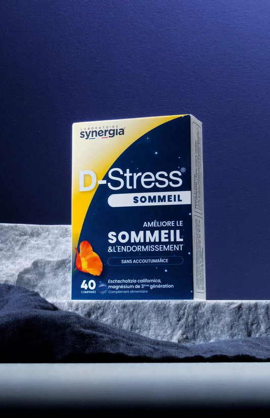 D-Stress Sommeil supplement box on a blue background