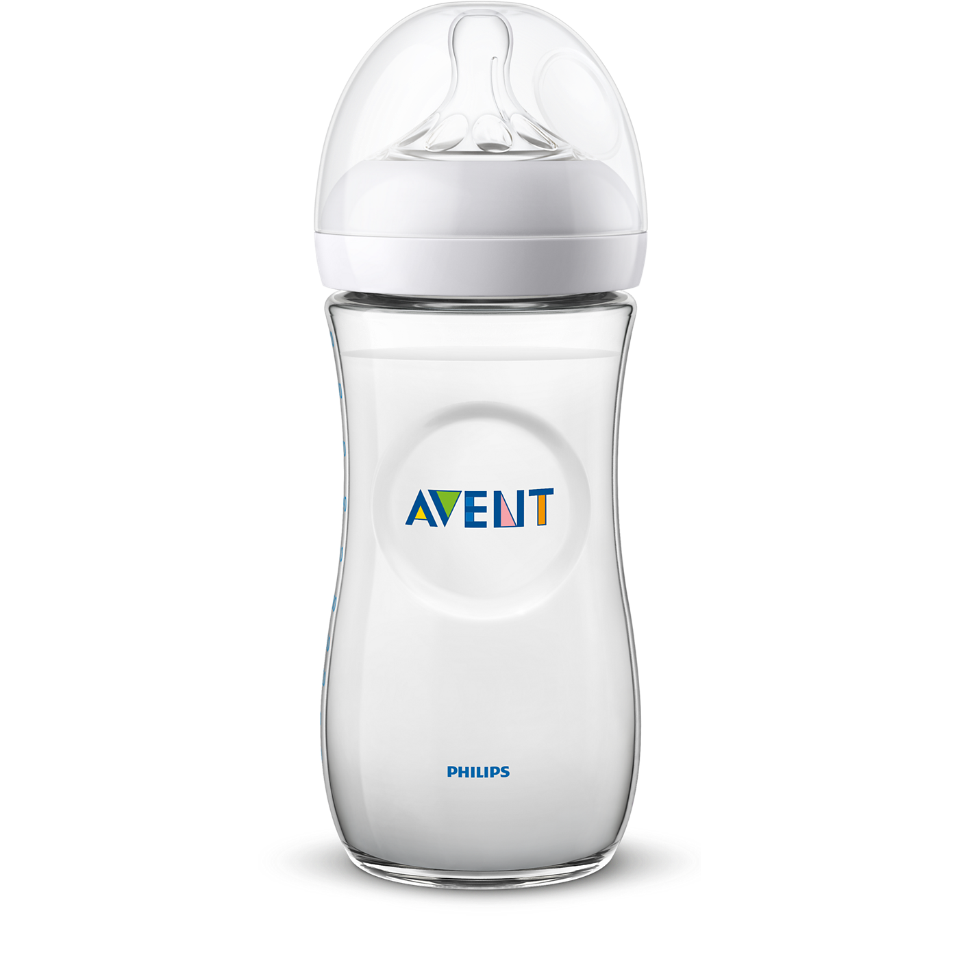 Clear baby bottle with white cap on a white background, featuring the Philips Avent logo.
