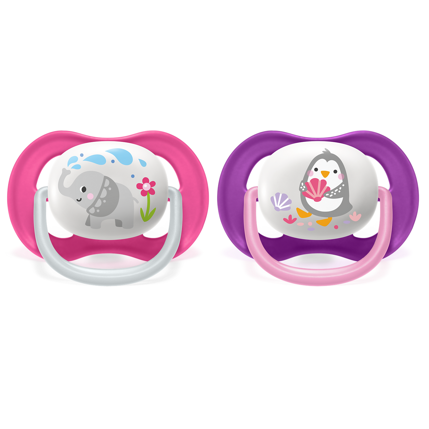 Two baby pacifiers with animal designs on a white background