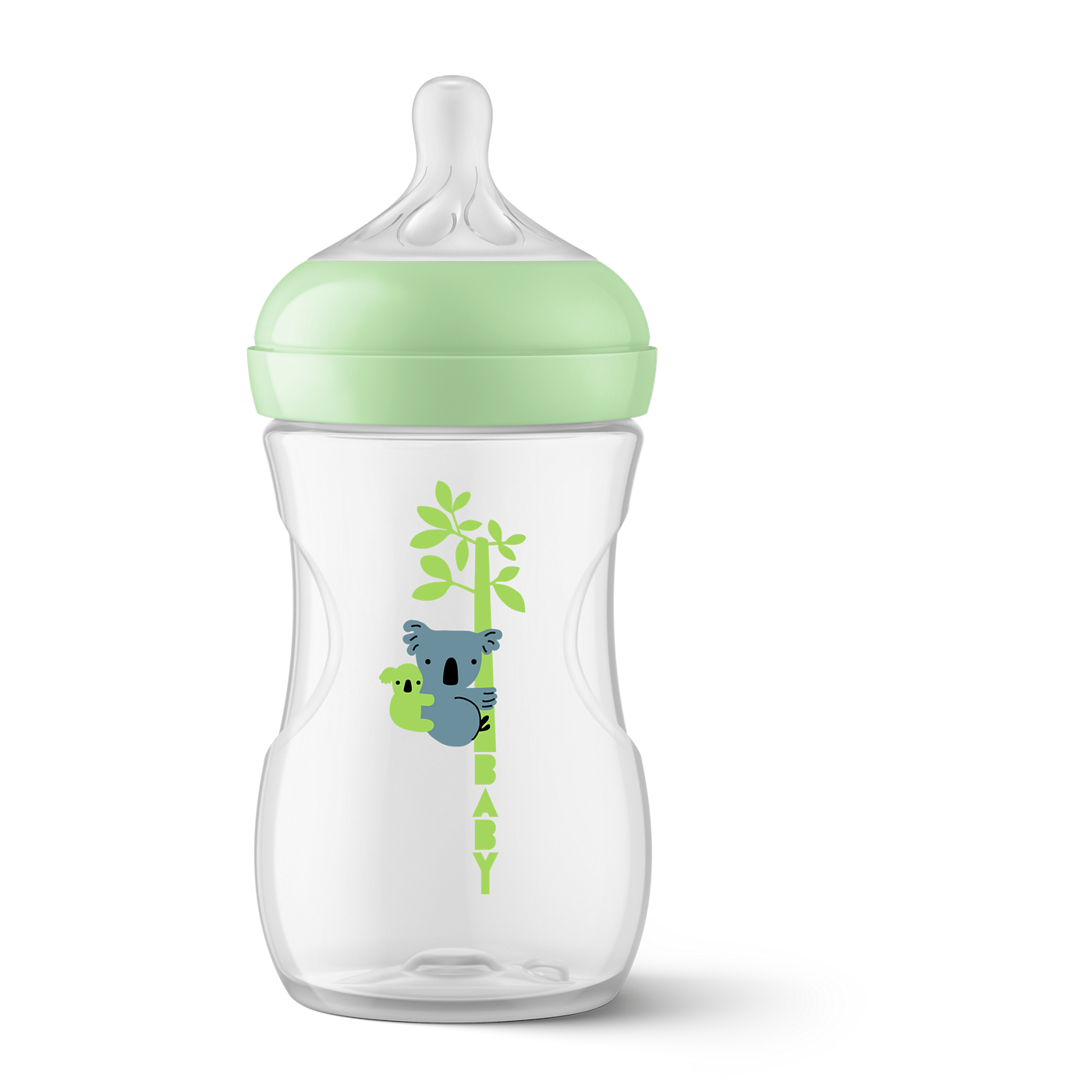 Baby bottle with green cap and koala design on a white background