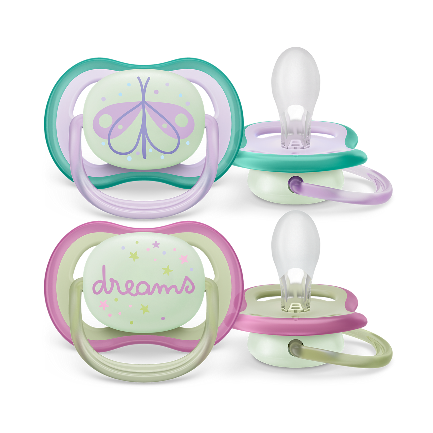 Two baby pacifiers with pastel colors and designs on a white background