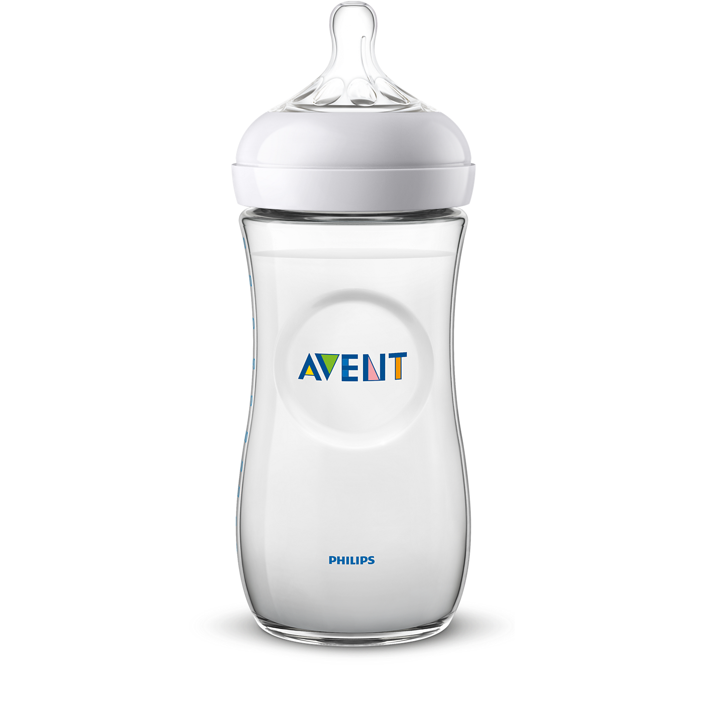 Clear baby bottle with white cap on a white background, featuring Philips Avent logo.