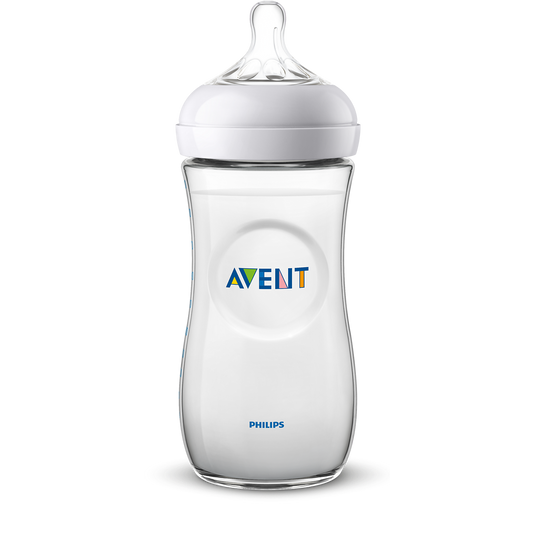 Clear baby bottle with white cap on a white background, featuring Philips Avent logo.