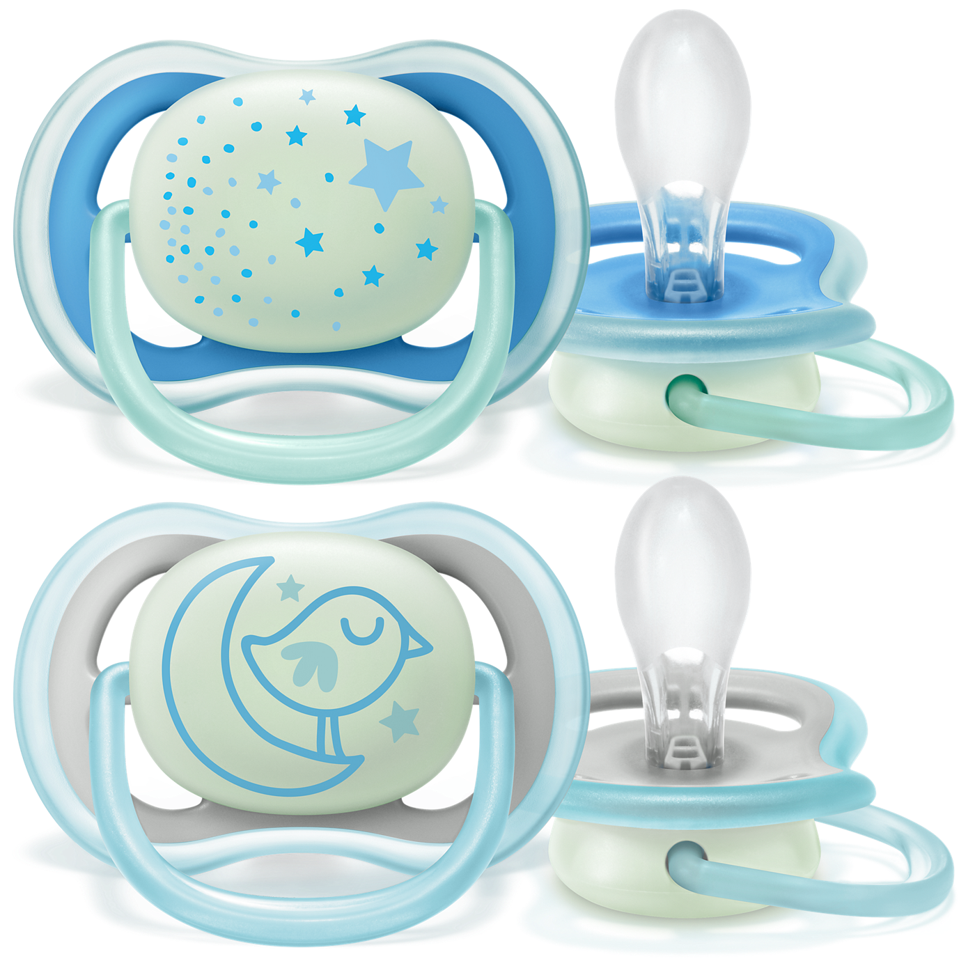 Two sets of baby pacifiers with night light feature on a white background