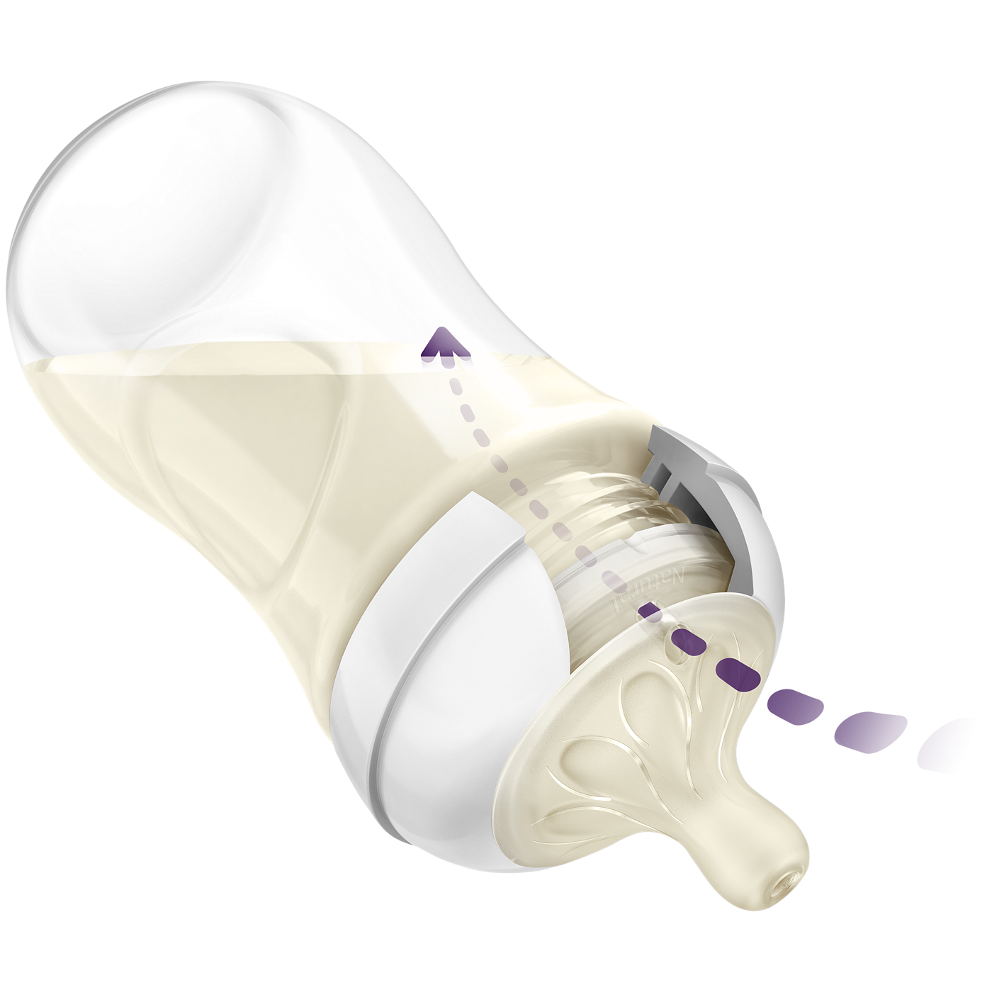 Baby bottle with white liquid on a white background