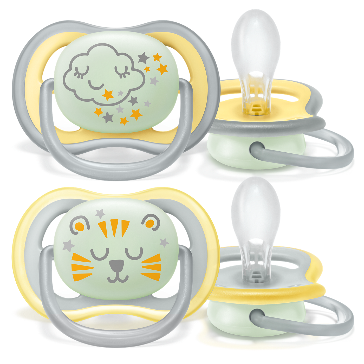 Two baby pacifiers with cloud and tiger designs on a white background