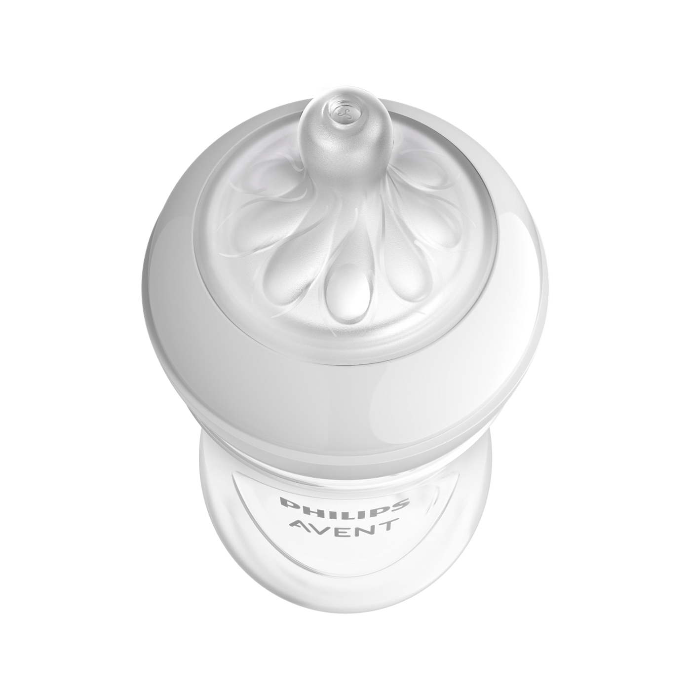 Philips Avent baby bottle with a white cap on a white background