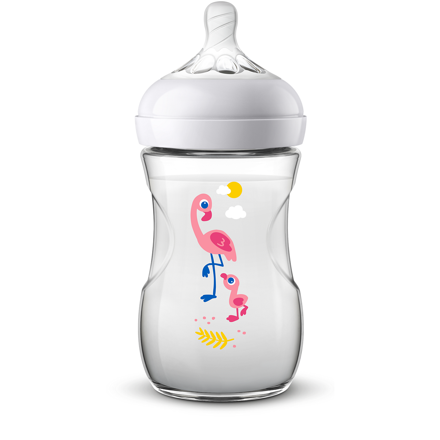 Baby bottle with flamingo design on a white background