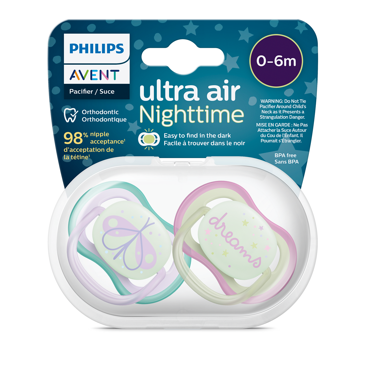 Philips Avent ultra air Nighttime pacifiers in packaging with 'dreams' text on a white background