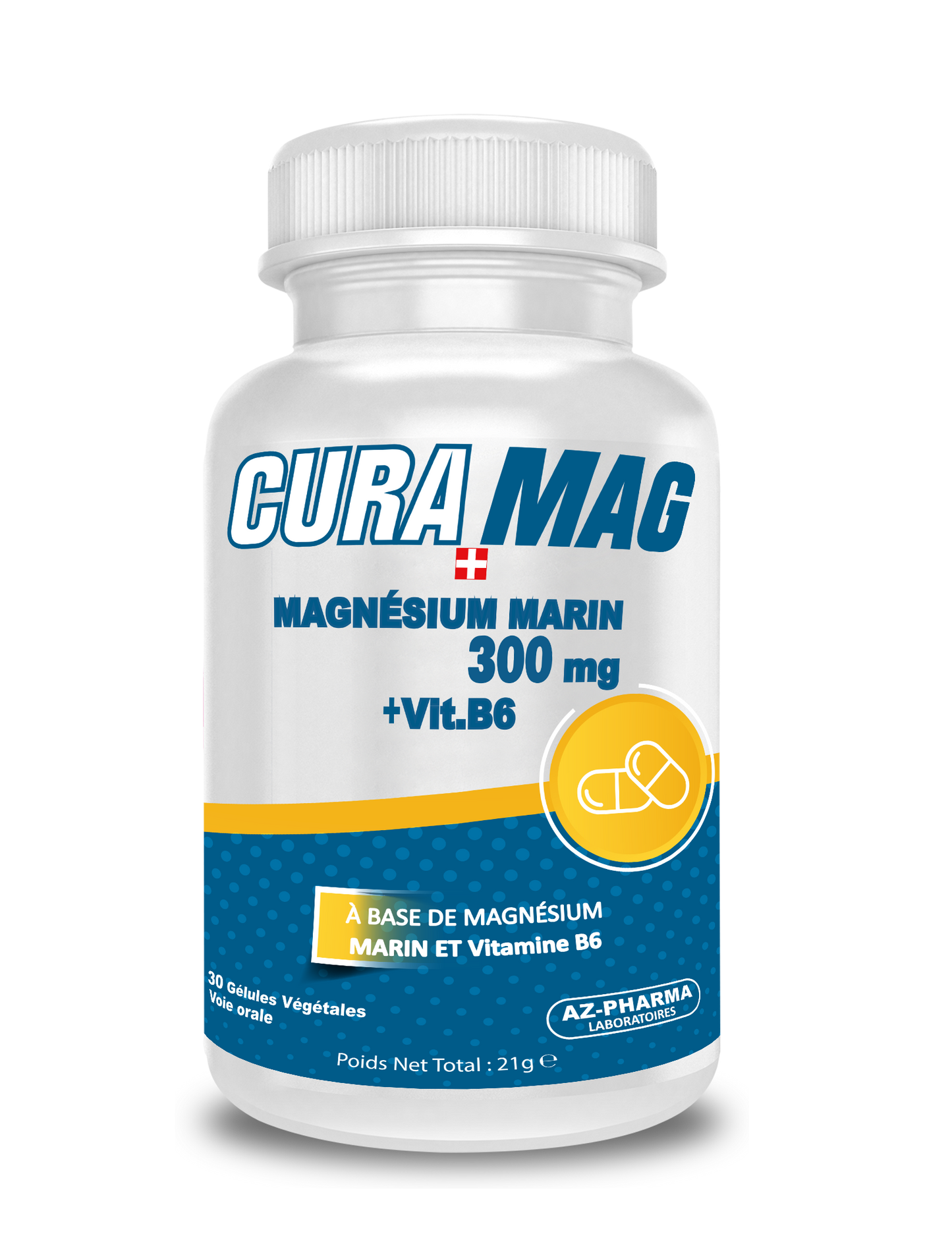 CURA MAG supplement bottle with white cap on a white background