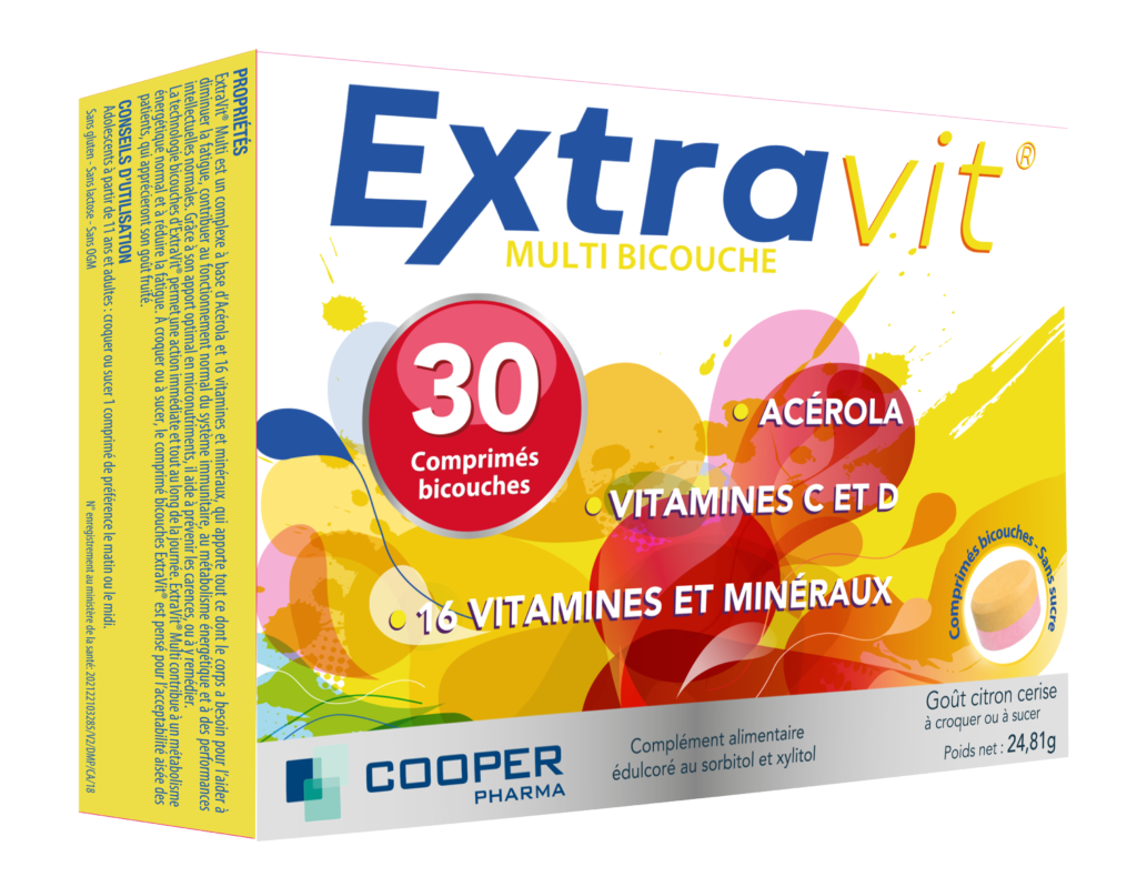 Box of ExtraVit multivitamins with colorful design and text on a white background