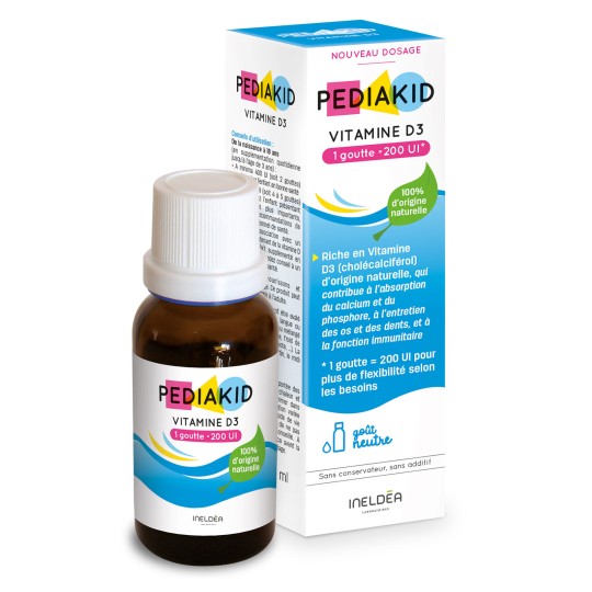 Pediakid Vitamin D3 bottle and packaging on a white background