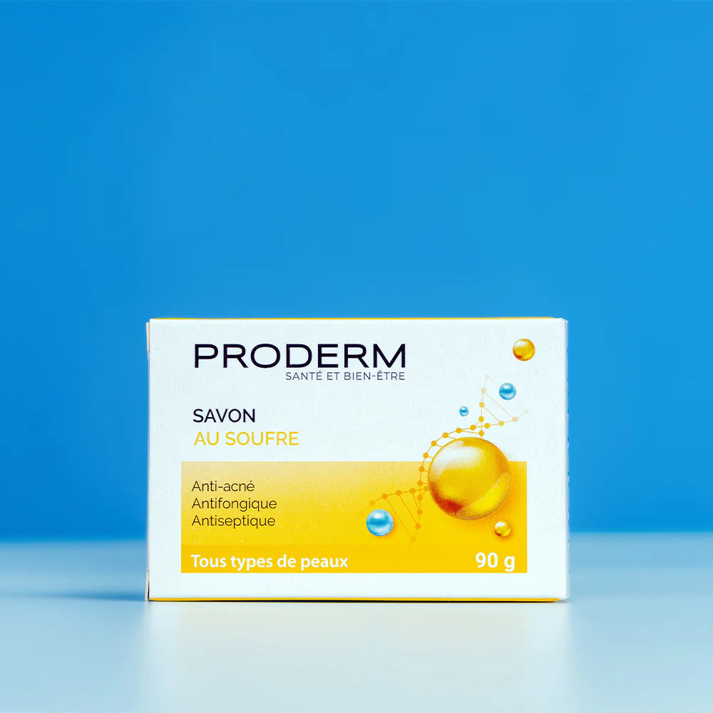Proderm soap bar packaging on a blue background