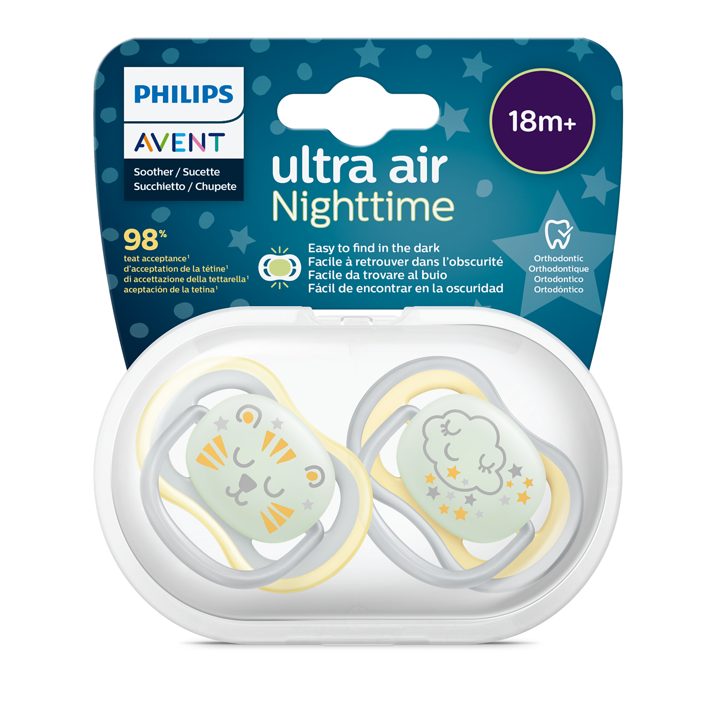 Philips Avent ultra air Nighttime pacifiers in packaging on a white background