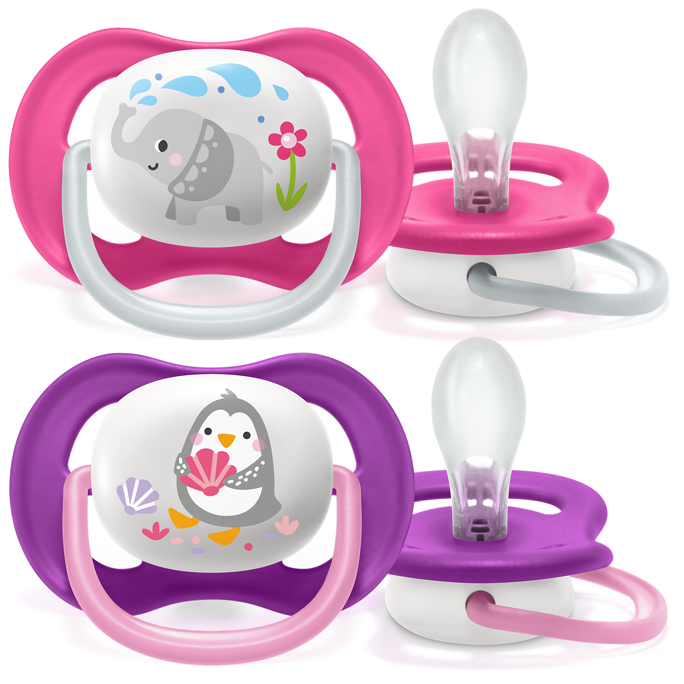 Two pairs of baby pacifiers with cartoon designs on a white background
