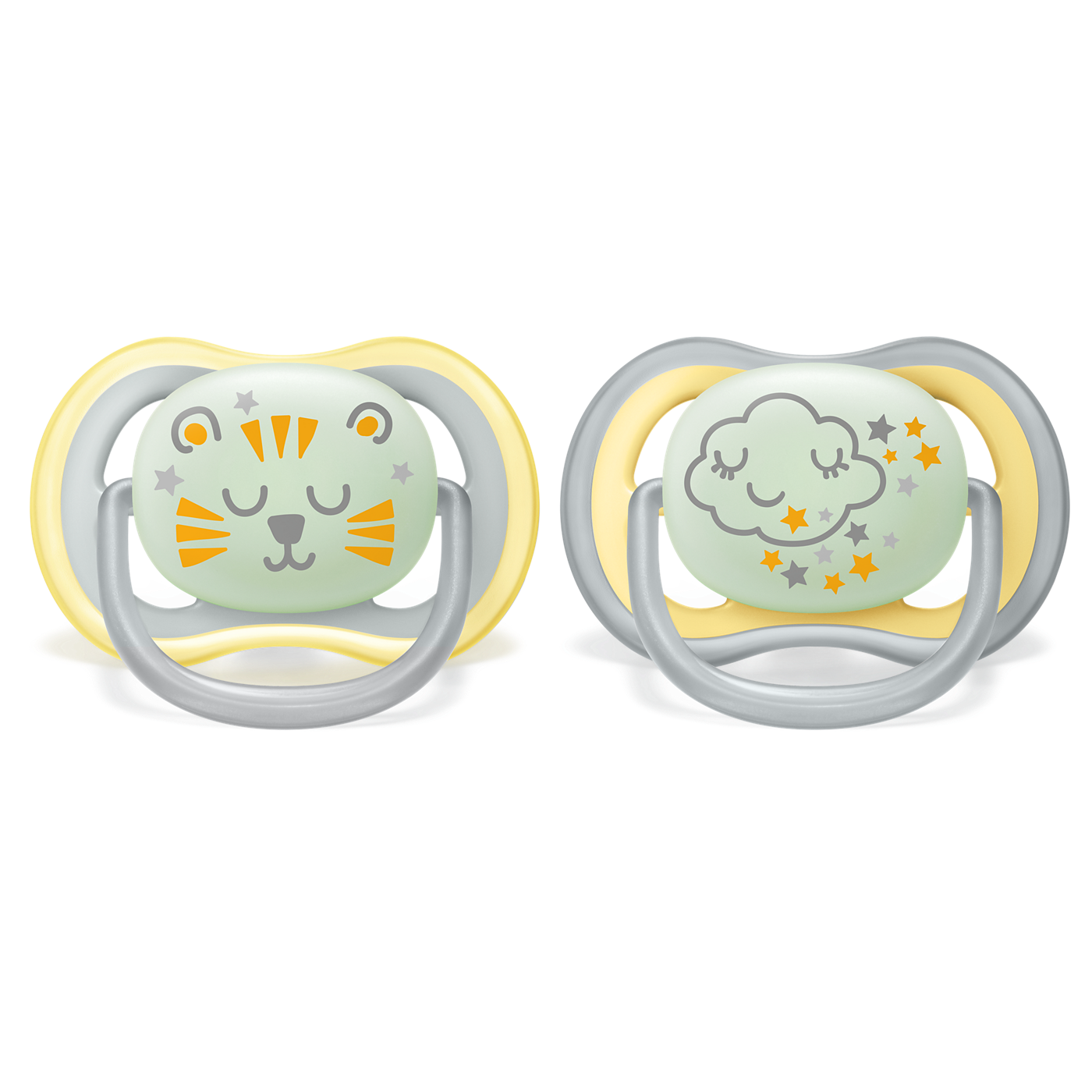 Two baby pacifiers with cartoon designs on a white background