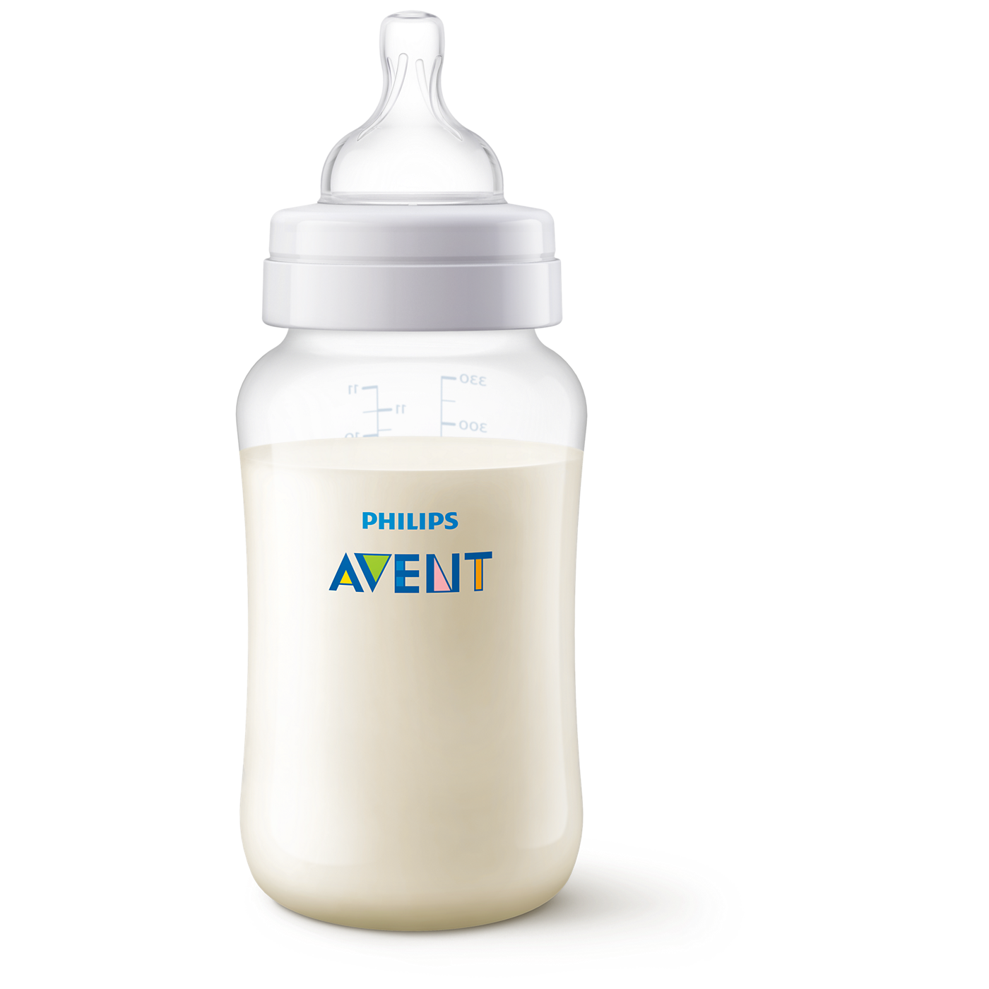 Philips Avent baby bottle with milk on a white background