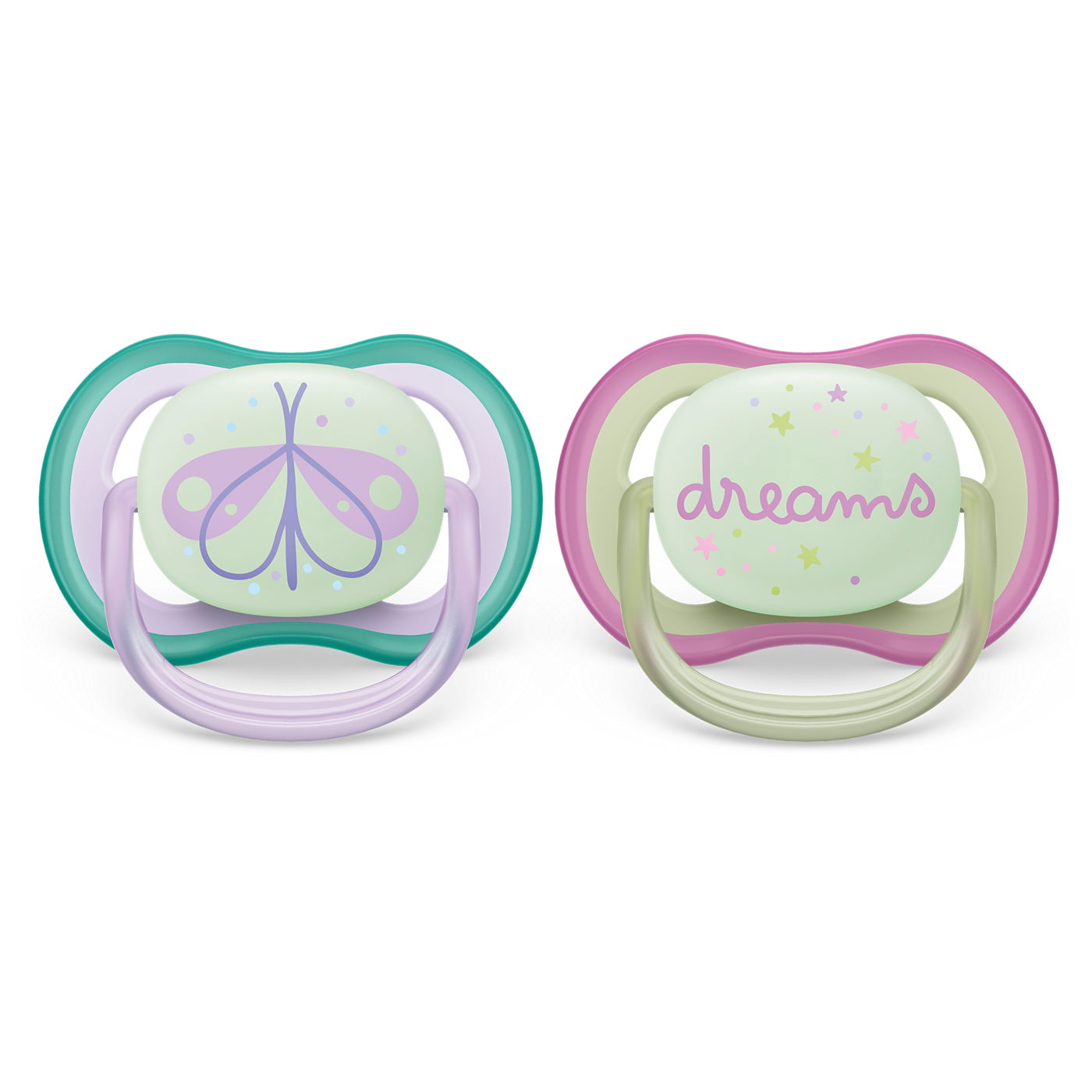 Two baby pacifiers with butterfly and 'dreams' designs on a white background