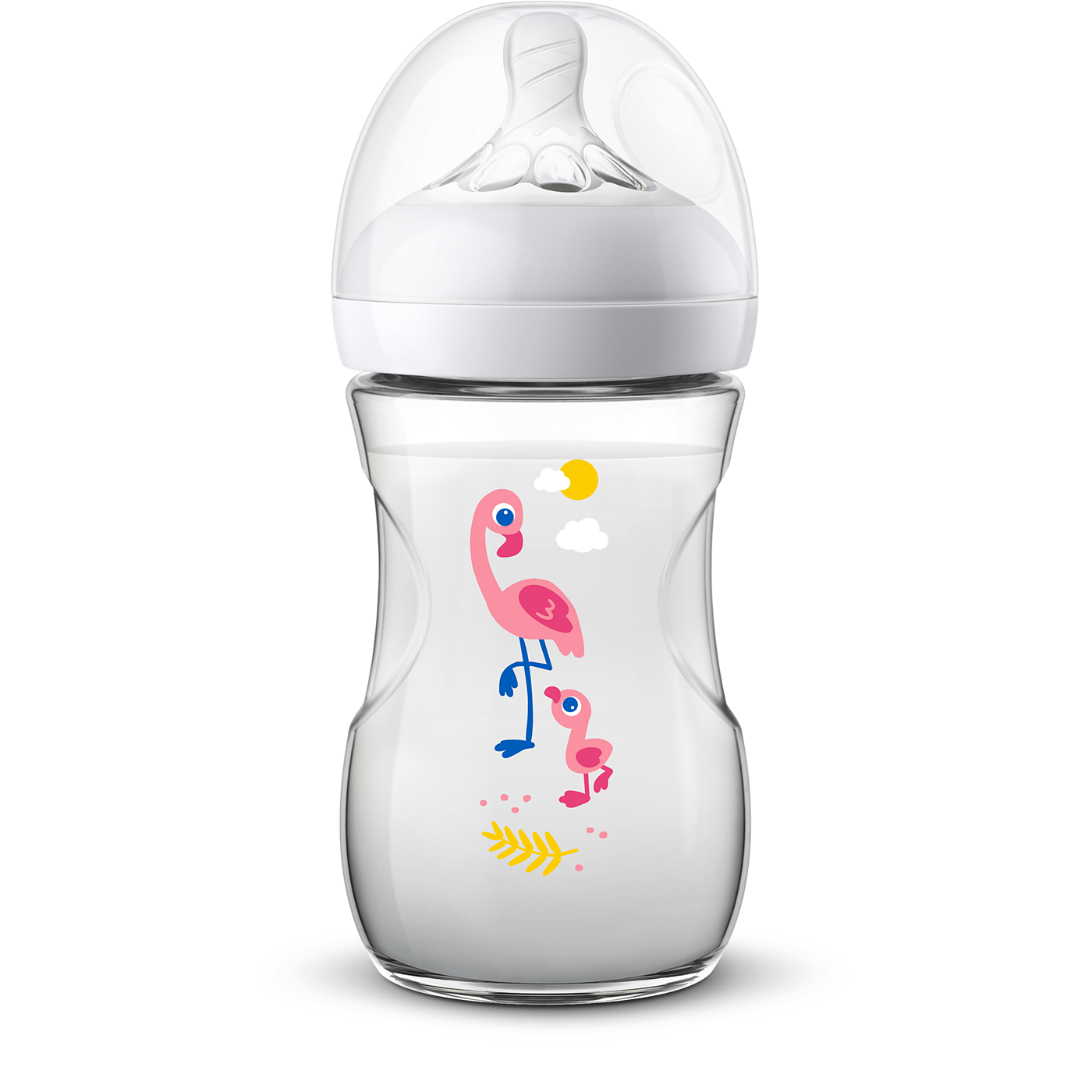 Baby bottle with flamingo design on a white background