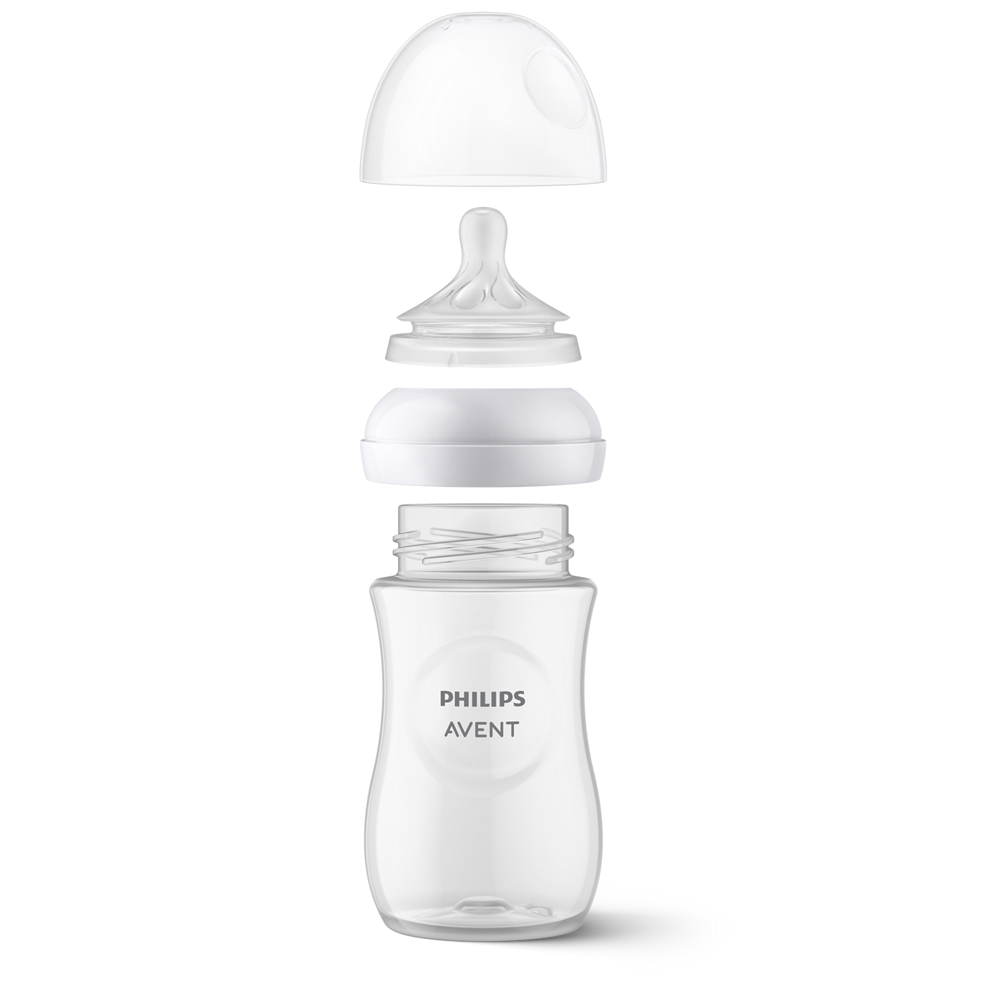 Philips Avent baby bottle with clear container and white cap on a white background