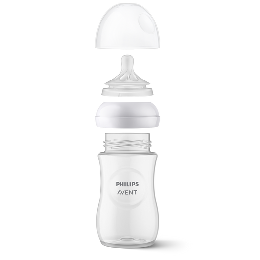 Philips Avent baby bottle with clear container and white cap on a white background