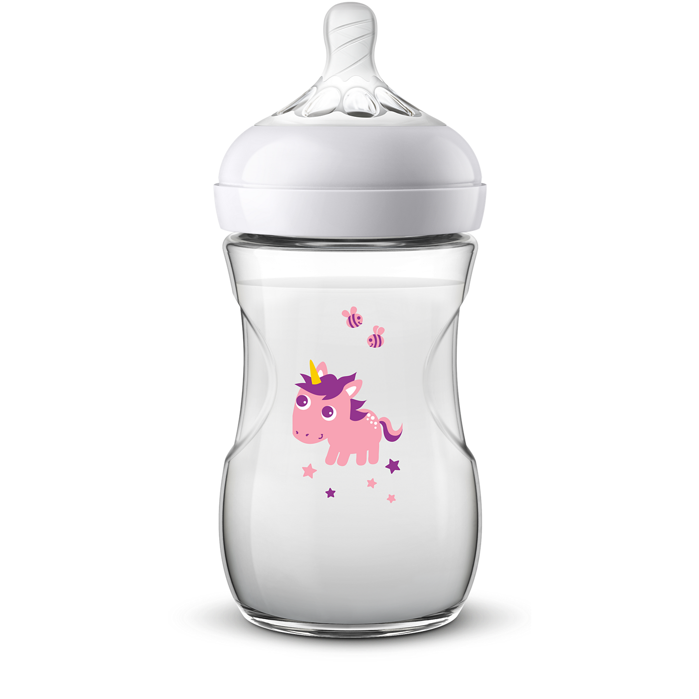 Baby bottle with a pink unicorn design on a white background