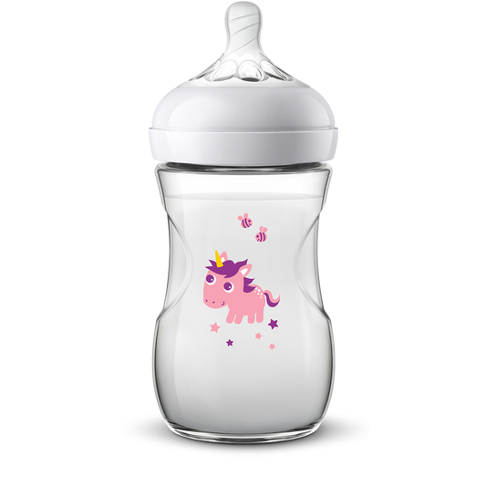 Baby bottle with a pink unicorn design on a white background