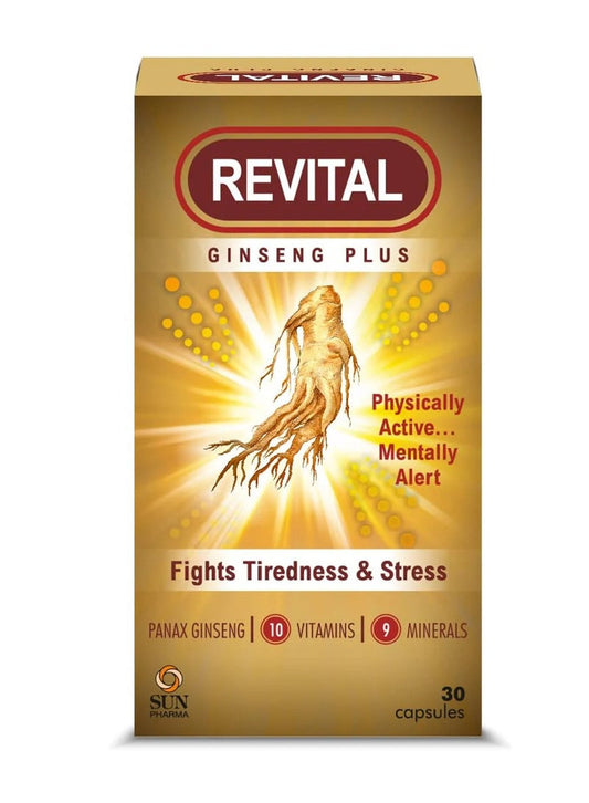 Revital Ginseng Plus supplement box on a white background