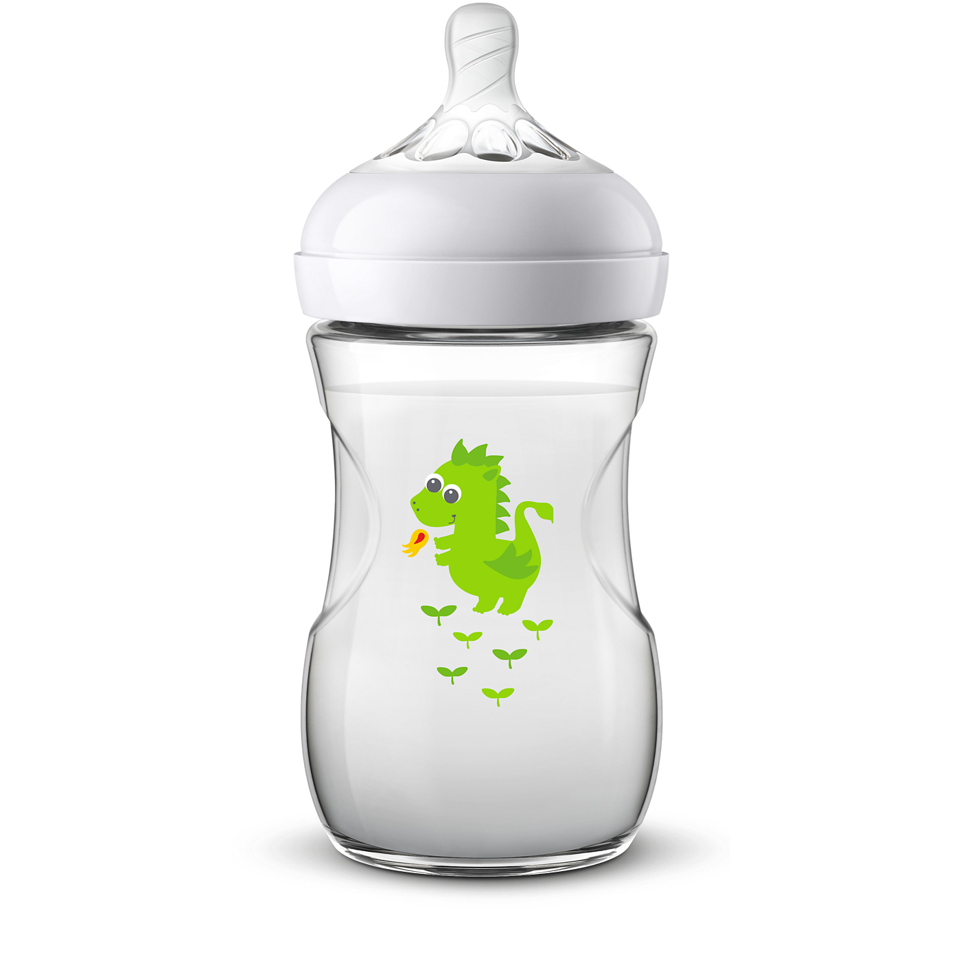 Clear baby bottle with white cap and green dinosaur design on a white background
