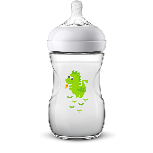 Clear baby bottle with white cap and green dinosaur design on a white background