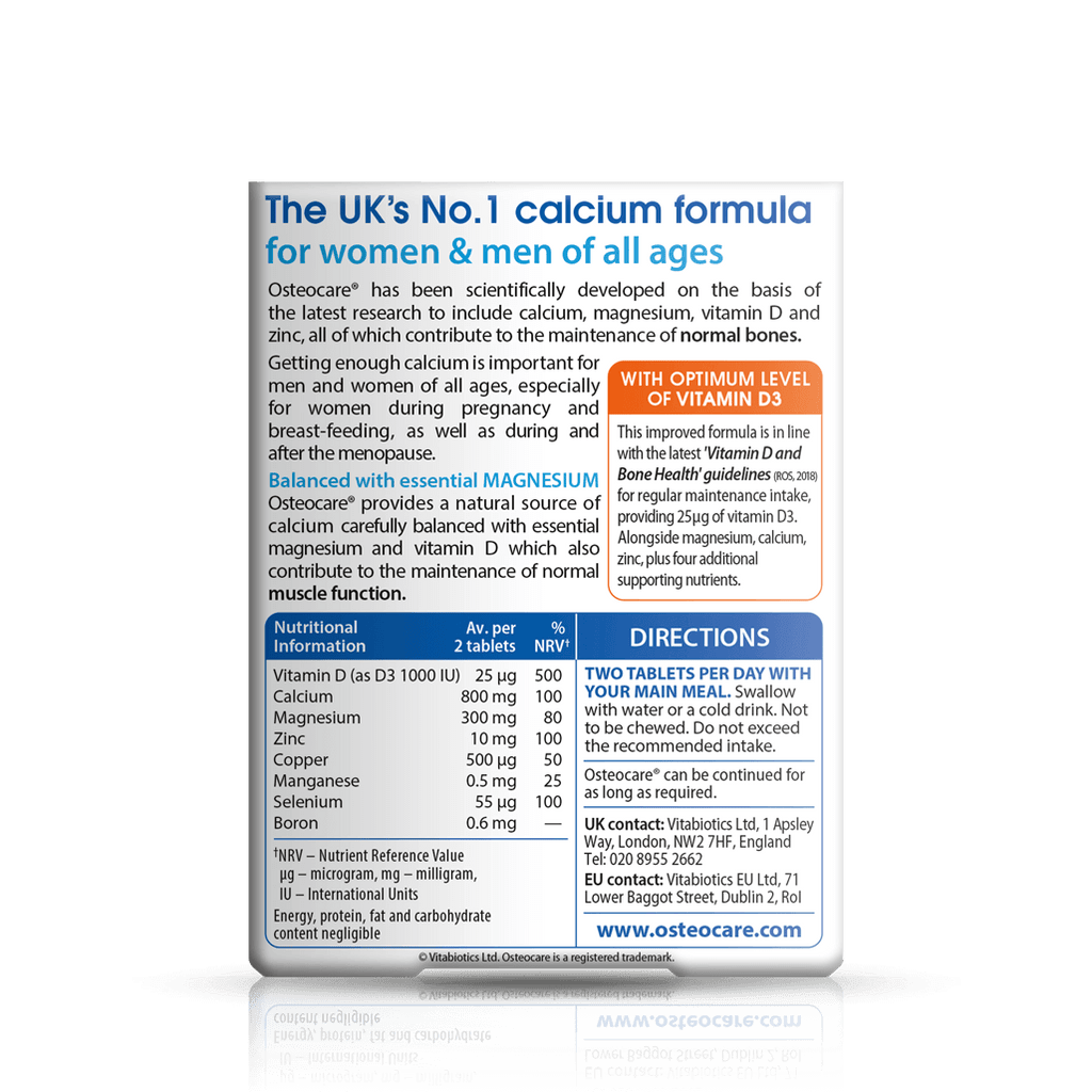 Osteocare supplement packaging with text on a green background