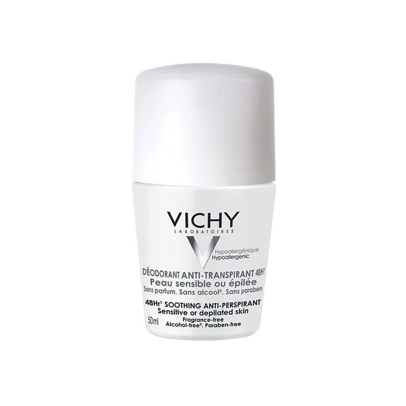 Vichy deodorant bottle on a white background