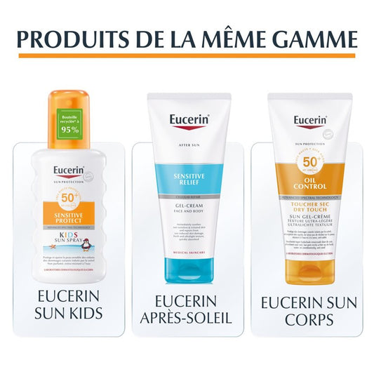 Eucerin sun care products including spray, gel-cream, and lotion on a white background.