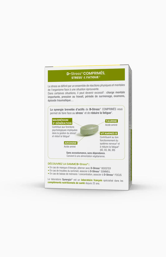 Box of D-Stress tablets with green and white design on a white background - back view