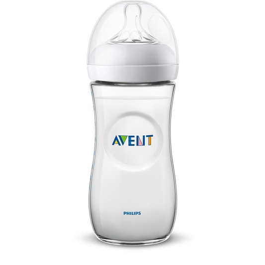Clear baby bottle with white cap on a white background, featuring the Philips Avent logo.