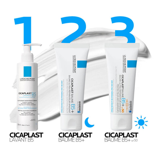 Three Cicaplast skincare products with blue labels on a white background