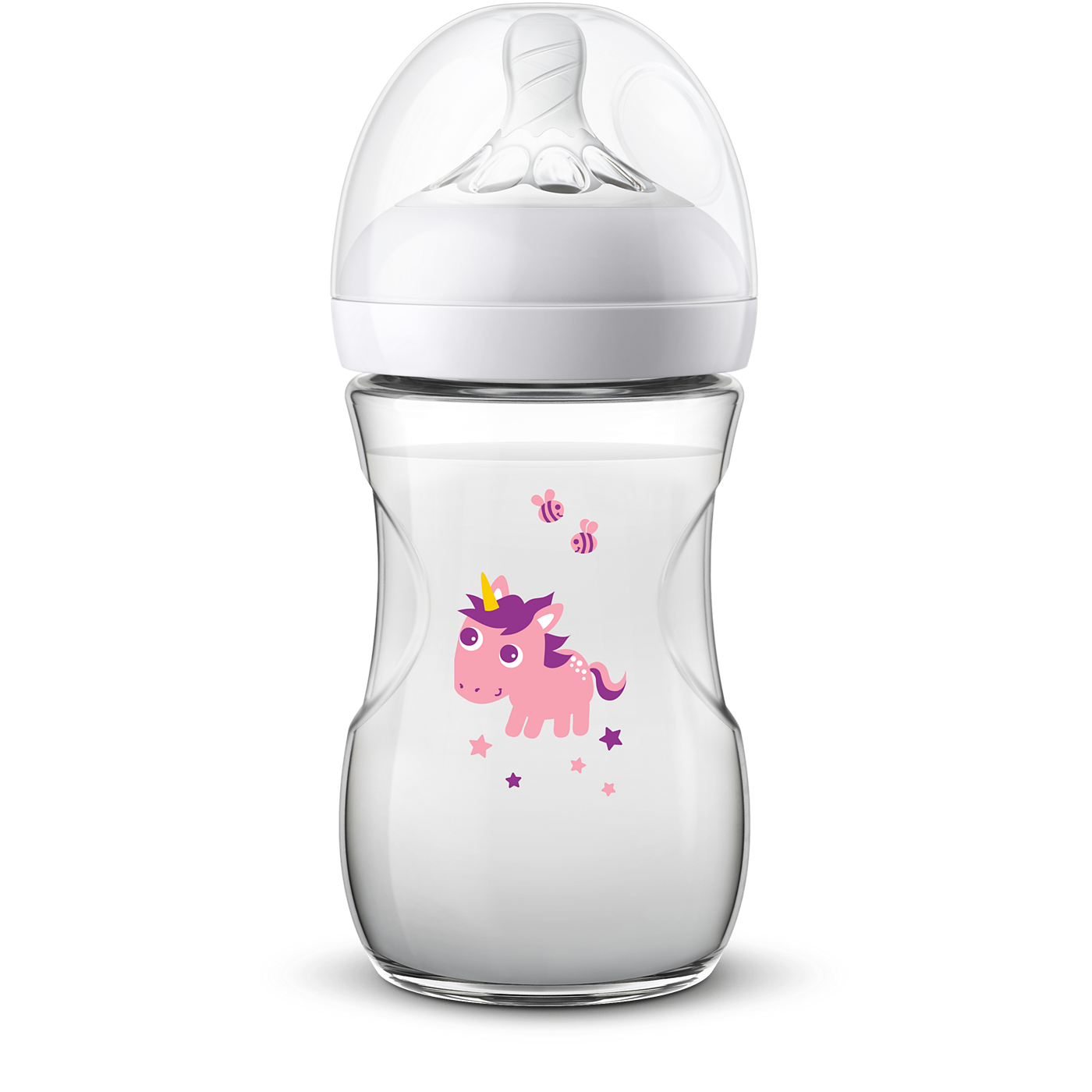 Clear baby bottle with pink unicorn design on a white background
