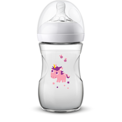 Clear baby bottle with pink unicorn design on a white background