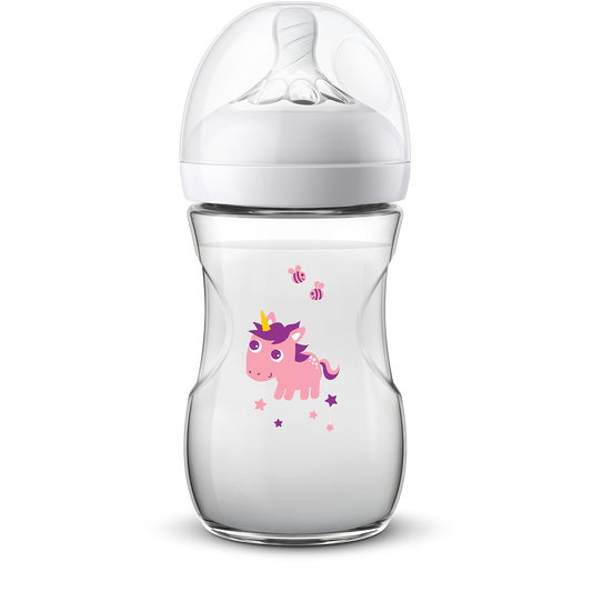 Clear baby bottle with pink unicorn design on a white background