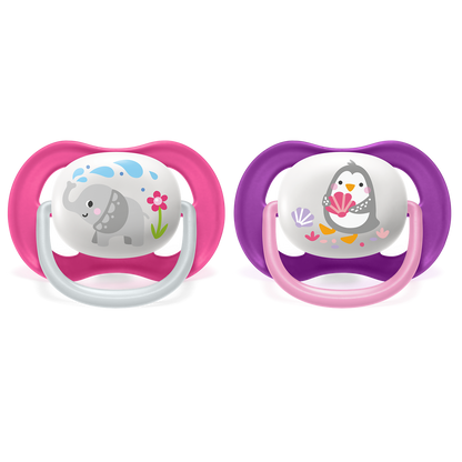 Two baby pacifiers with animal designs on a white background