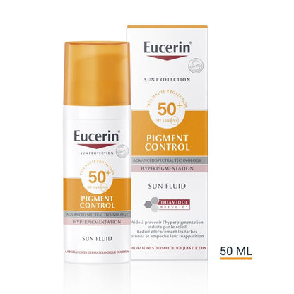 Eucerin Pigment Control Sun Fluid packaging on a white background
