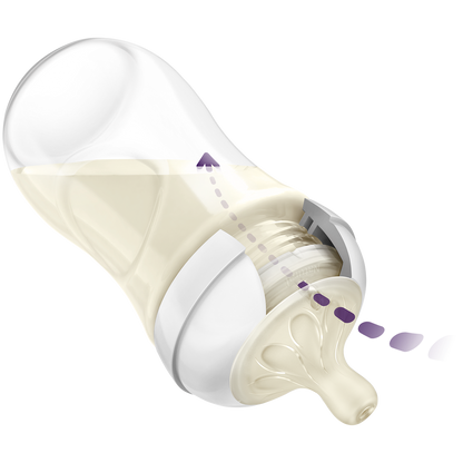 Baby bottle with white liquid on a white background