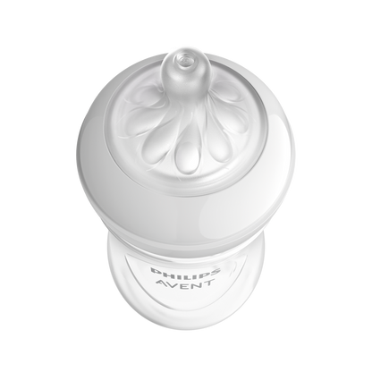 Philips Avent baby bottle with a white cap on a white background