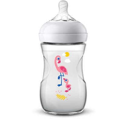 Baby bottle with flamingo design on a white background