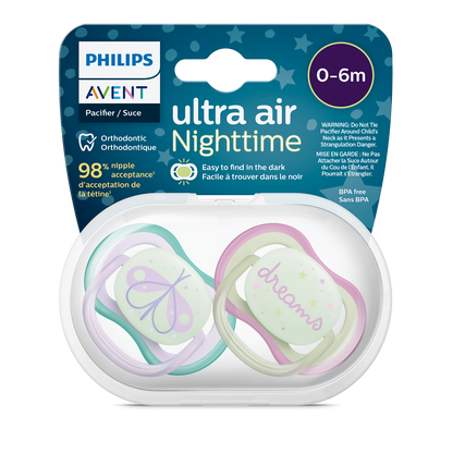 Philips Avent ultra air Nighttime pacifiers in packaging with 'dreams' text on a white background