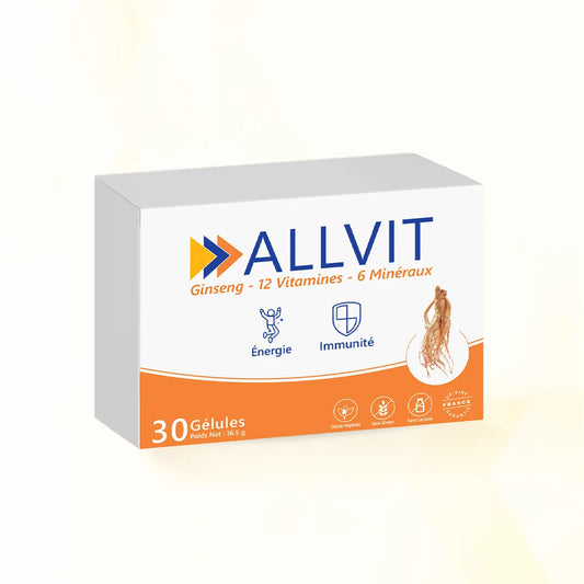 ALLVIT supplement box with ginseng illustration on a white background