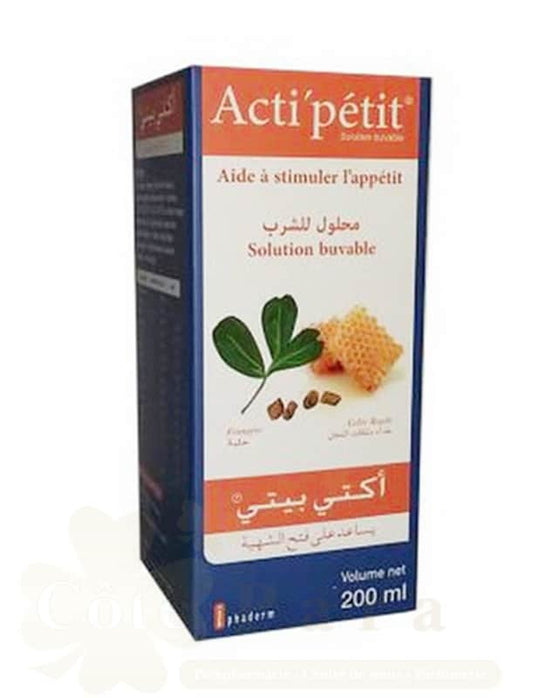 Acti'petit Syrup (200 mL) product packaging with branding and product details on a white background