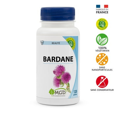 Bottle of Bardane with MGD logo on a white background
