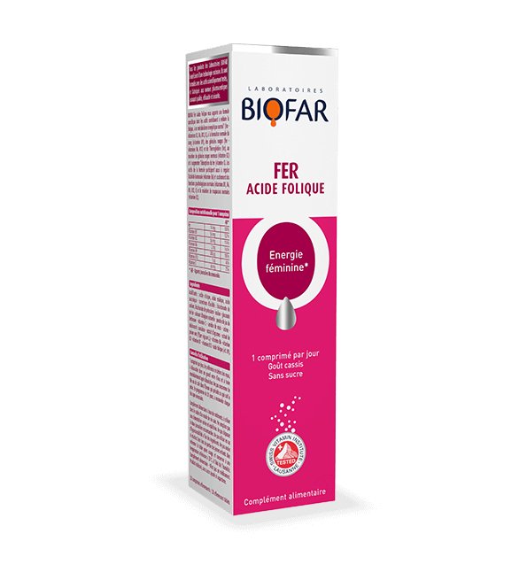 Biofar Iron Floc Acid supplement box with pink and white design on a white background